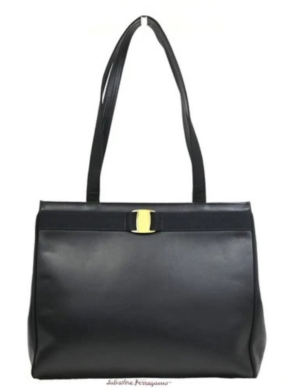 SALVATORE FERRAGAMO Logo Vara Shoulder Tote Hand Bag Leather Black Italy 66KD795